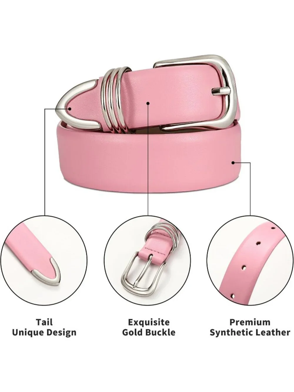Women Pink Leather Waist Dress Belt For Pants Jeans Fashion With Silver Buckle